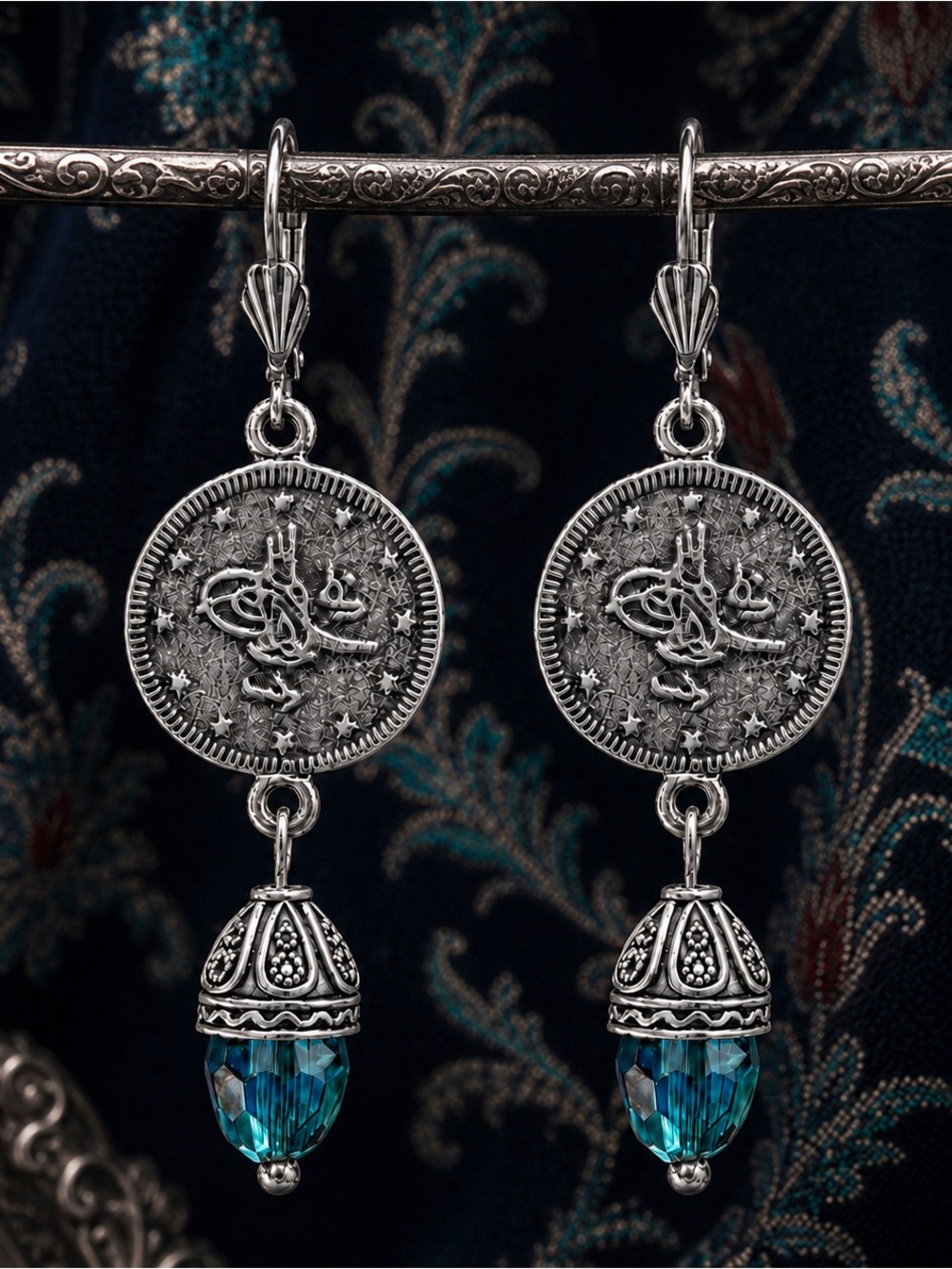 Handmade Turkish Ottoman Tughra Coin Teal Crystal Earrings